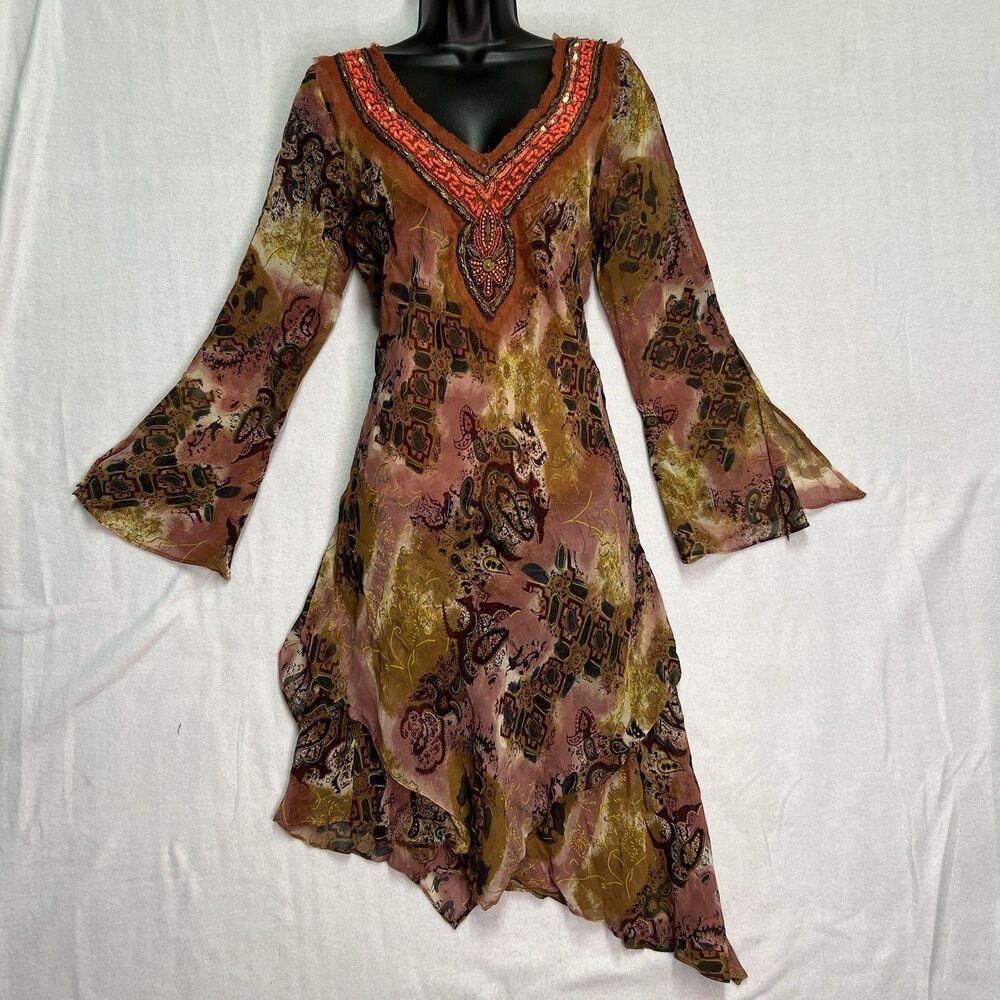 Chaudry KC Silk Beaded Boho Dress Tunic M Festival Kaftan NWT Y2K Resort Earthy